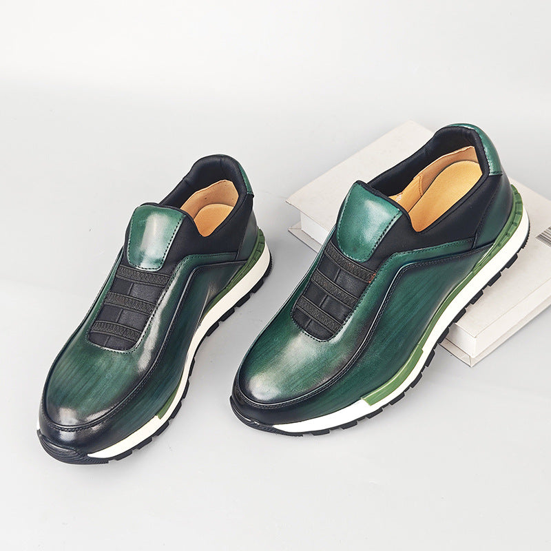 Men's Luxury Leather Slip-On Sneakers | Cognac Patina Casual Shoes with Elastic Band & Suede Detail | Premium Handcrafted Loafer Sneakers