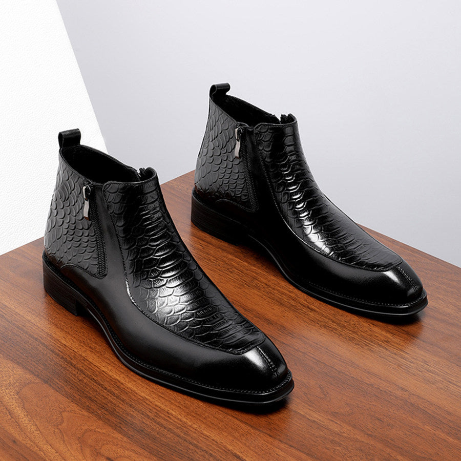 Men's Black Scale Embossed Square Toe Side Zip Ankle Boots
