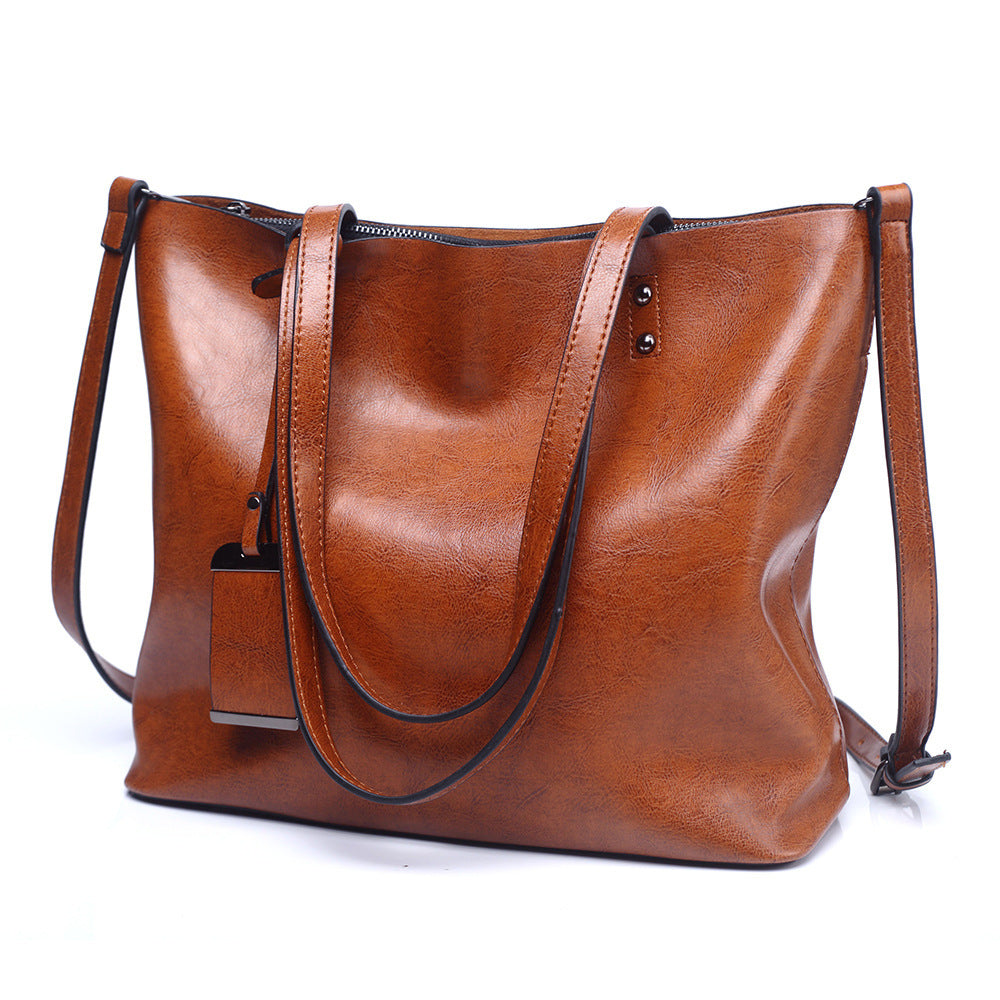 Cognac Brown Leather Tote Bag with Crossbody Strap | Vintage Style Shoulder Bag