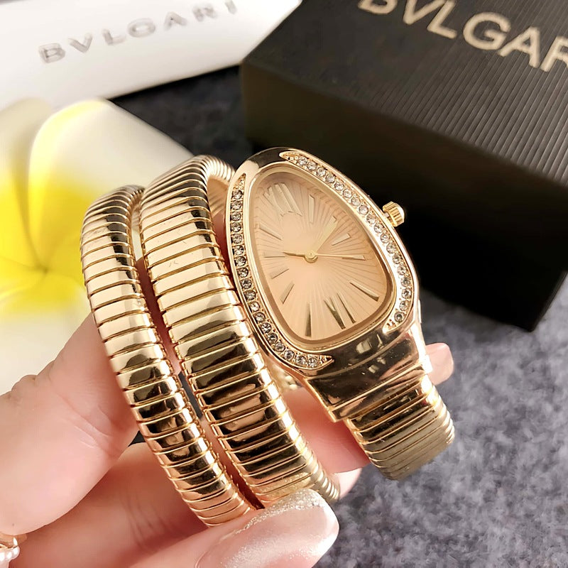 Gold Snake Coil Watch Women | Crystal Diamond Bezel | White Sunray Roman Dial | Serpenti Style Wrap Bracelet Luxury Watch