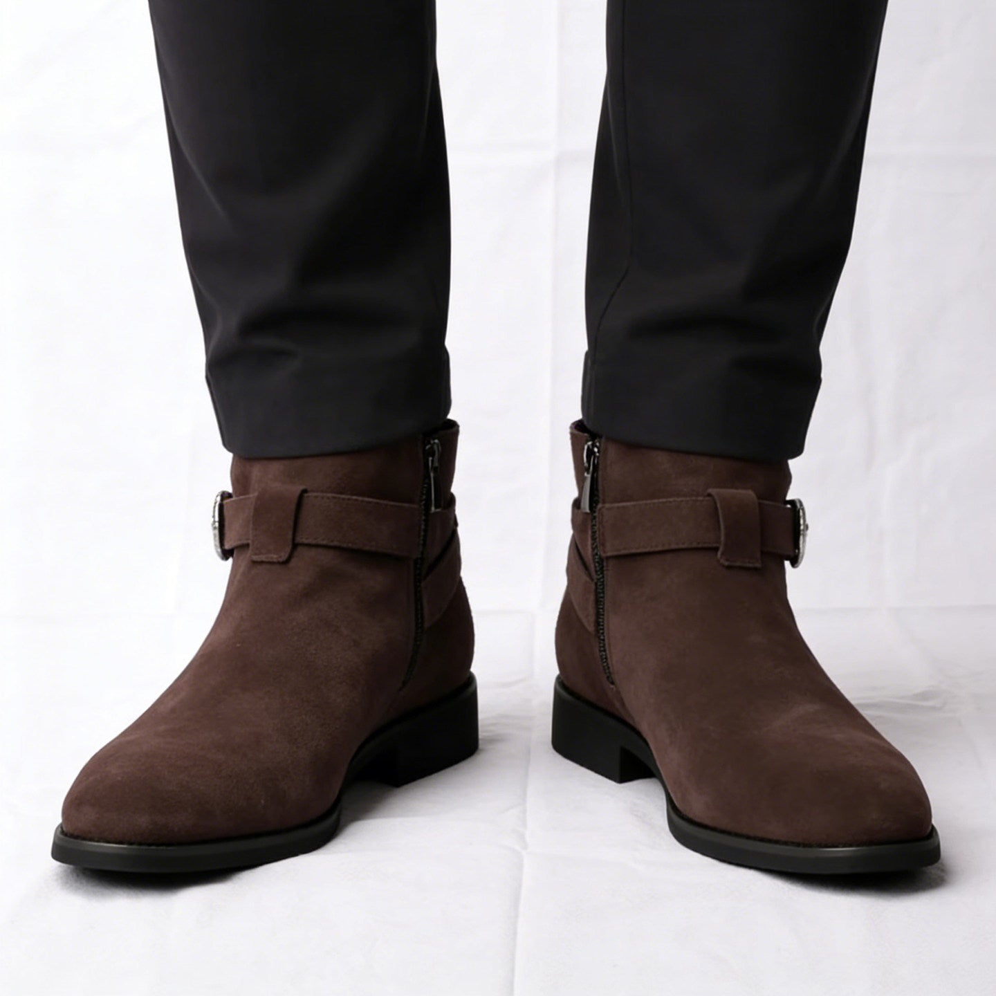 Men's Brown Suede Ankle Boots | Silver Buckle Strap Side Zip Chelsea Desert Boot