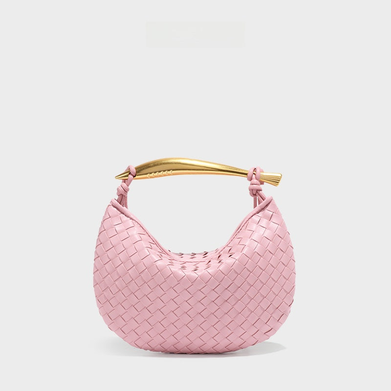 Burgundy Woven Leather Hobo Bag with Gold Handle | Intrecciato Crescent Shoulder Bag