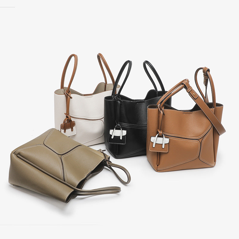 Tan Brown Leather Tote Bag with Front Pocket & Contrast Stitching | Structured Shoulder Bag
