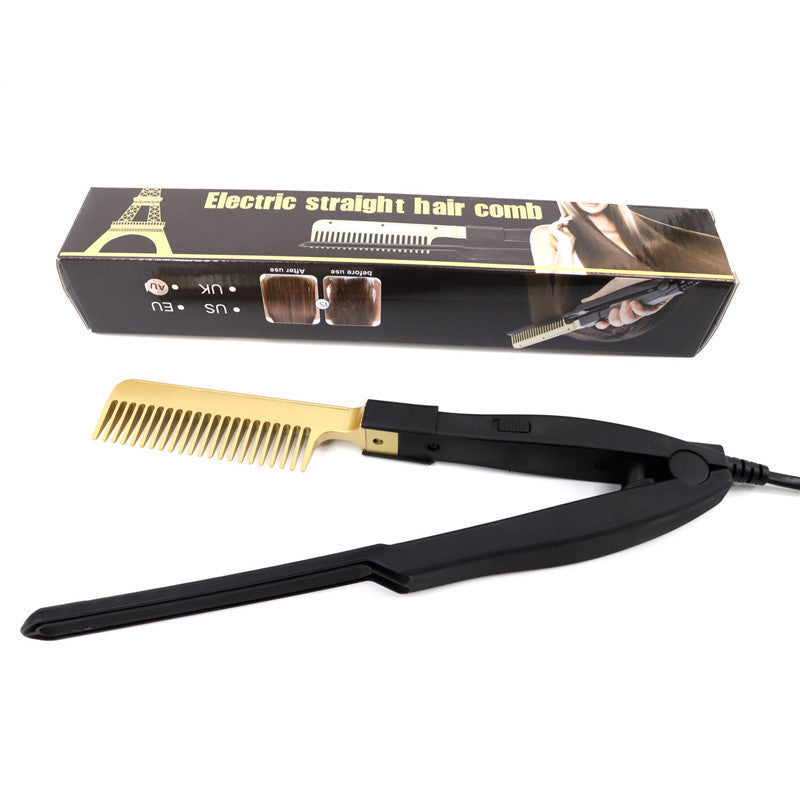 Gold Electric Hot Comb Press | Black Gold Straightening Pressing Comb with Protective Guard | US EU UK AU Plug Universal Voltage Hair Press Comb for Men & Women