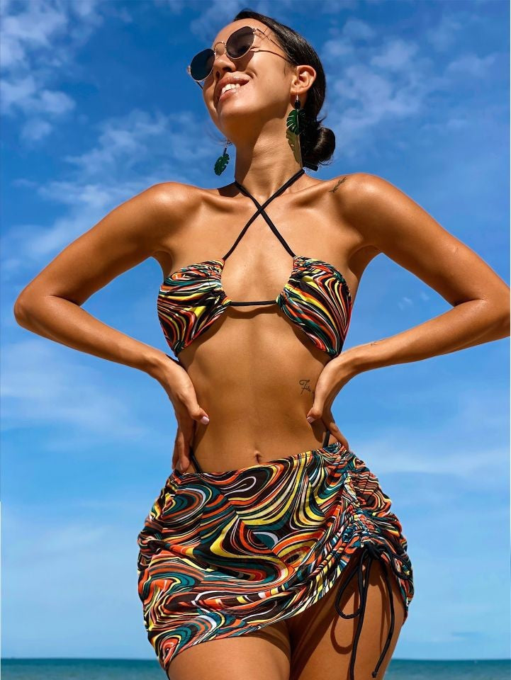 Set bikini 3 pezzi stampa psichedelica neon, top all'americana e gonna pareo, costume da bagno donna colorato a spirale, costume da bagno rave festival, set copricostume con laccetti laterali