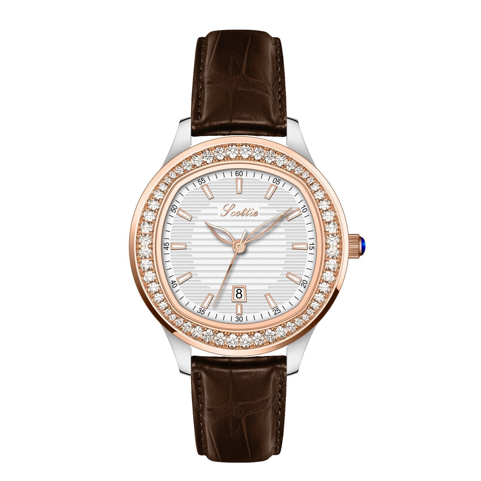 Scottie Crystal Bezel Watch Women | Silver Textured Dial | Black Crocodile Leather Strap | Date Display Elegant Dress Watch