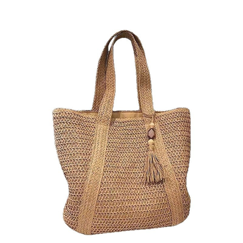 Natural Woven Straw Tote Bag with Tassel | Beach Crochet Shoulder Bag