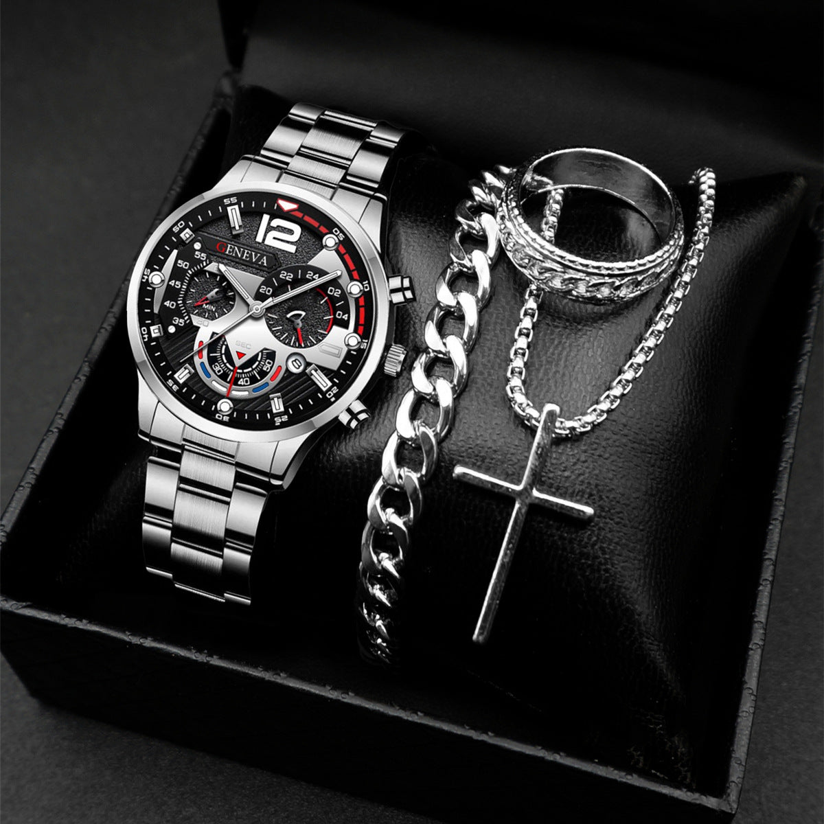 Geneva Men's 3-Piece Black Gift Set | Chronograph Watch + Cuban Link Bracelet + Cross Necklace Luxury Jewelry Box