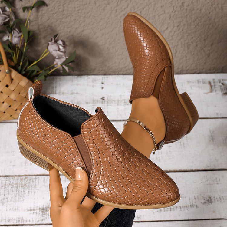 Black Woven Embossed Chelsea Ankle Boots | Slip-On Block Heel Pointed Toe Booties for Women