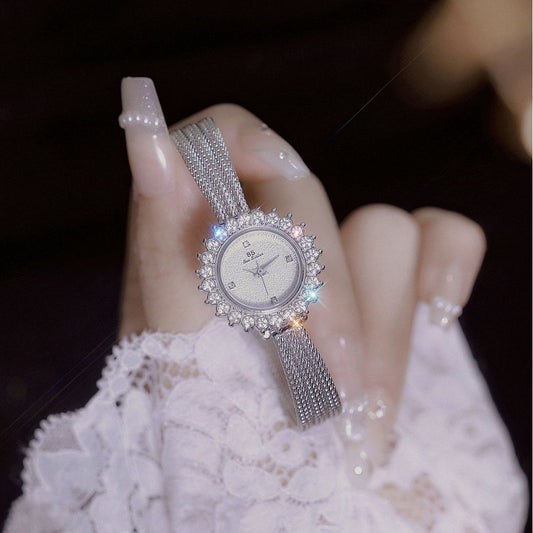 Bee Sister Damen-Armbanduhr mit Kristallhalo | Silbernes, gedrehtes Mesh-Armband, Strass-Sonnenblumen-Lünette | Luxuriöse, zierliche Schmuckuhr 