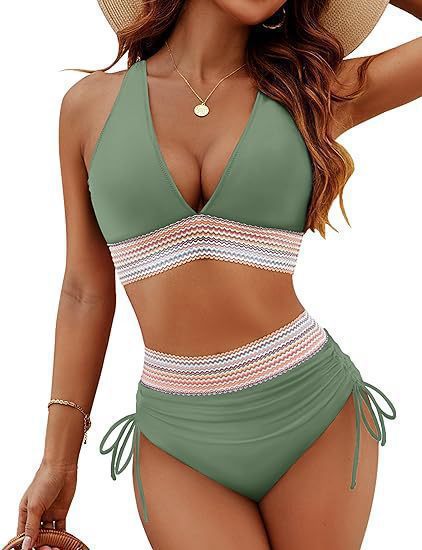 Black Chevron Crochet Panel Halter Bikini Set | Deep V Top & High Waist Drawstring Ruched Bottoms | Boho Tummy Control Two Piece Swimsuit Women
