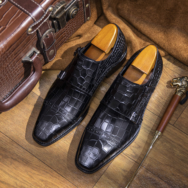 A.N.M. Bullock Men's Crocodile Embossed Double Monk Strap Shoes | Cognac Brown Luxury Dress Shoes