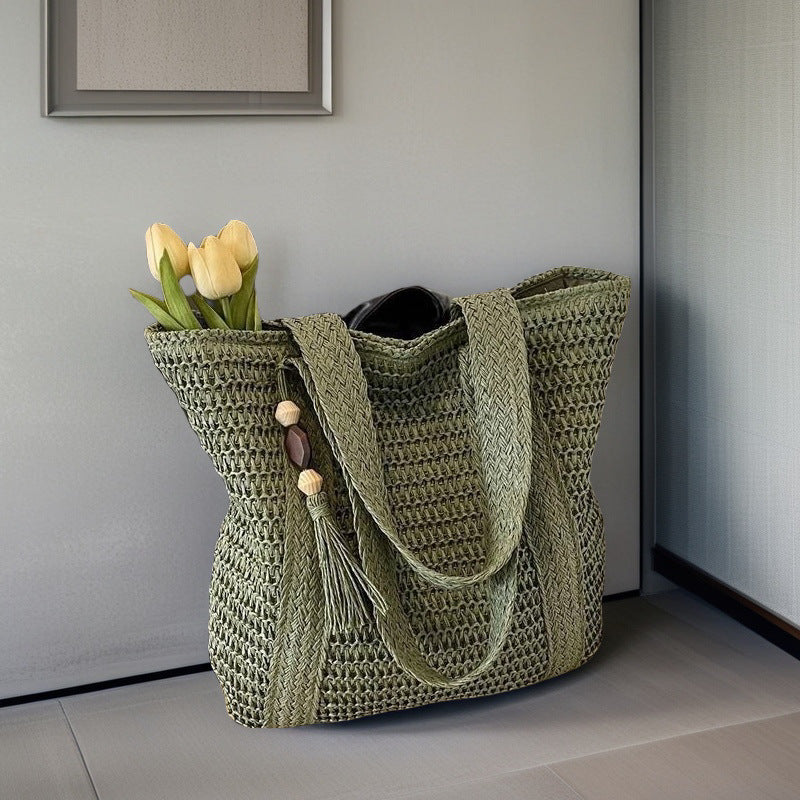 Natural Woven Straw Tote Bag with Tassel | Beach Crochet Shoulder Bag