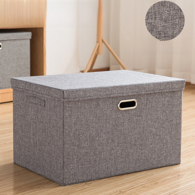 Navy Blue Linen Storage Box with Lid, Large Foldable Fabric Organizer Bin, Home Closet Bedroom Organization Box with Handles, Collapsible Toy Clothes Storage