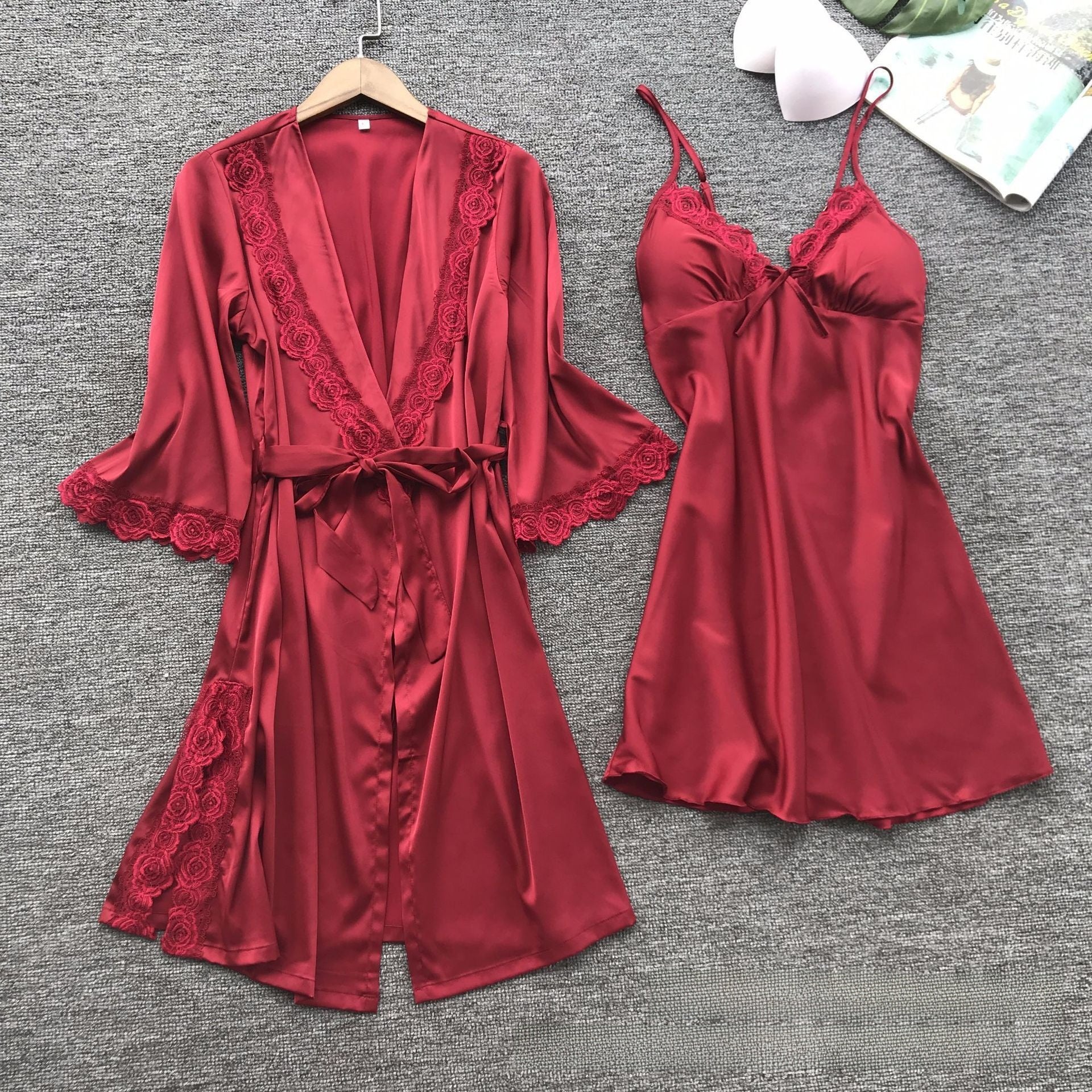 Women's Gray Satin Rose Lace Trim Robe & Slip Nightgown Set ? Luxury 2-Piece Bridal Sleepwear Set