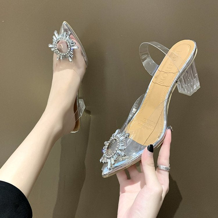 Clear PVC Pointed Toe Block Heel Mules with Crystal Sunflower Brooch | Transparent Rhinestone Heels for Women | Wedding Party Cinderella Shoes