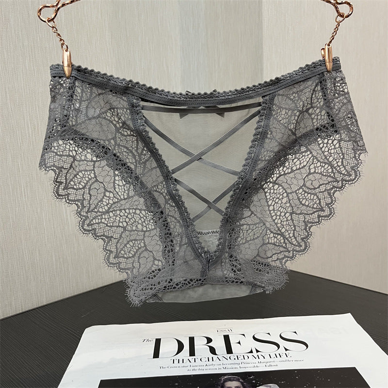 Damen Höschen mit schwarzer Spitze und überkreuzter Vorderseite | Transparente Mesh-Schnürunterwäsche | Sexy Wimpernspitzen-Slips