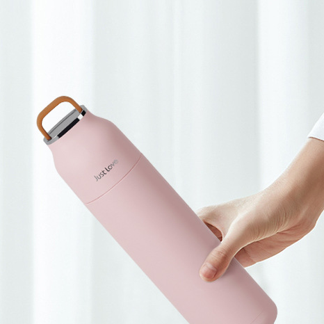 Just Love Slim Stainless Steel Thermos Flask | Vacuum Insulated Travel Bottle with Wooden Handle | Aesthetic Minimalist Water Bottle Pink Blue