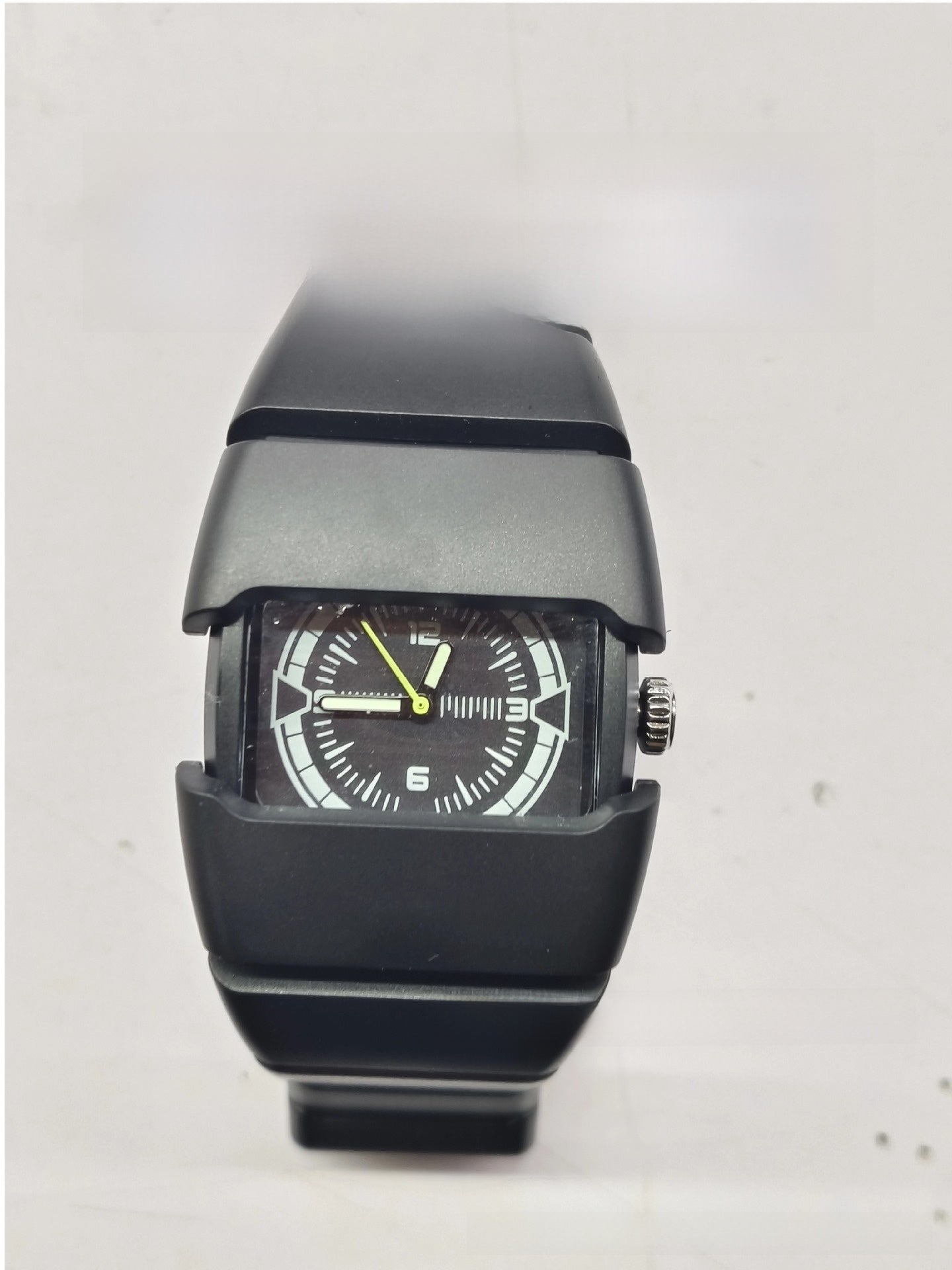 Men's Futuristic Wide Rectangular Watch | Matte Silver Aluminum Case Black Dial Neon Green Hands | Diesel Style Techwear Sport Timepiece