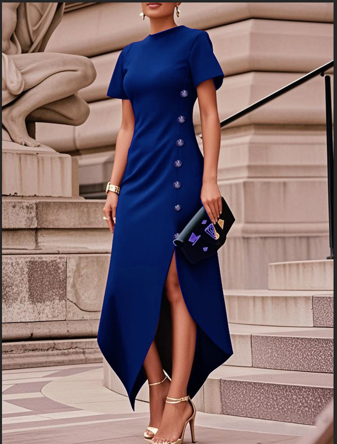 Women's Black Asymmetric Hem Midi Dress - Short Sleeve Round Neck Gold Button Detail Irregular Hem Dress - Elegant Bodycon Cocktail Dress for Office, Party & Special Occasions