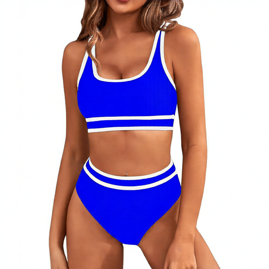 Sporty Stripe Trim Scoop Neck High Waist Bikini Set | Athletic Crop Top & High Rise Bottoms | Color Block Two Piece Swimsuit Women Multiple Colors
