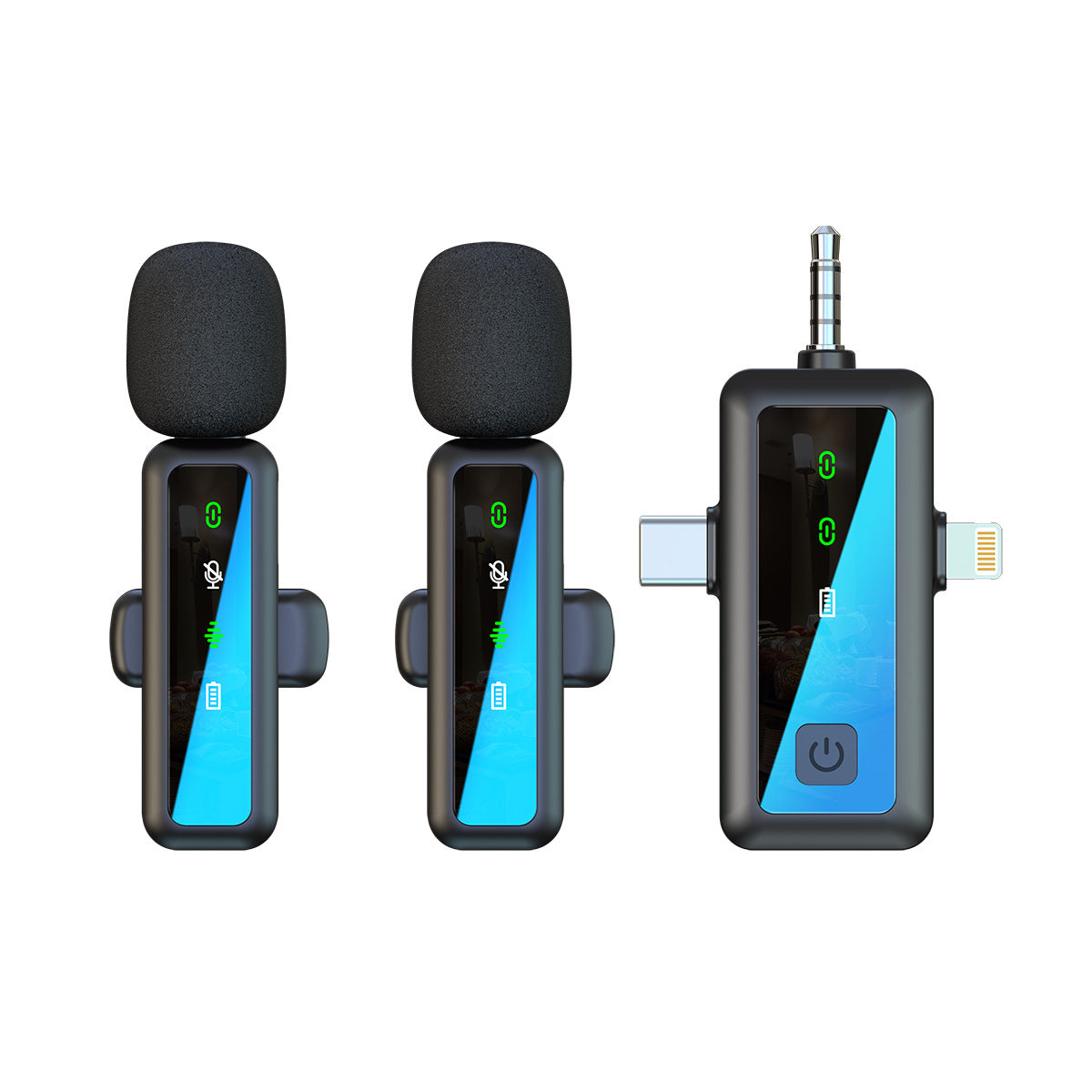 Dual Wireless Lavalier Microphone Kit | LED Display | 2 Clip-On Mics & 3-in-1 Receiver for iPhone Lightning, USB-C & 3.5mm | Fur Windscreen Vlog & Interview Set