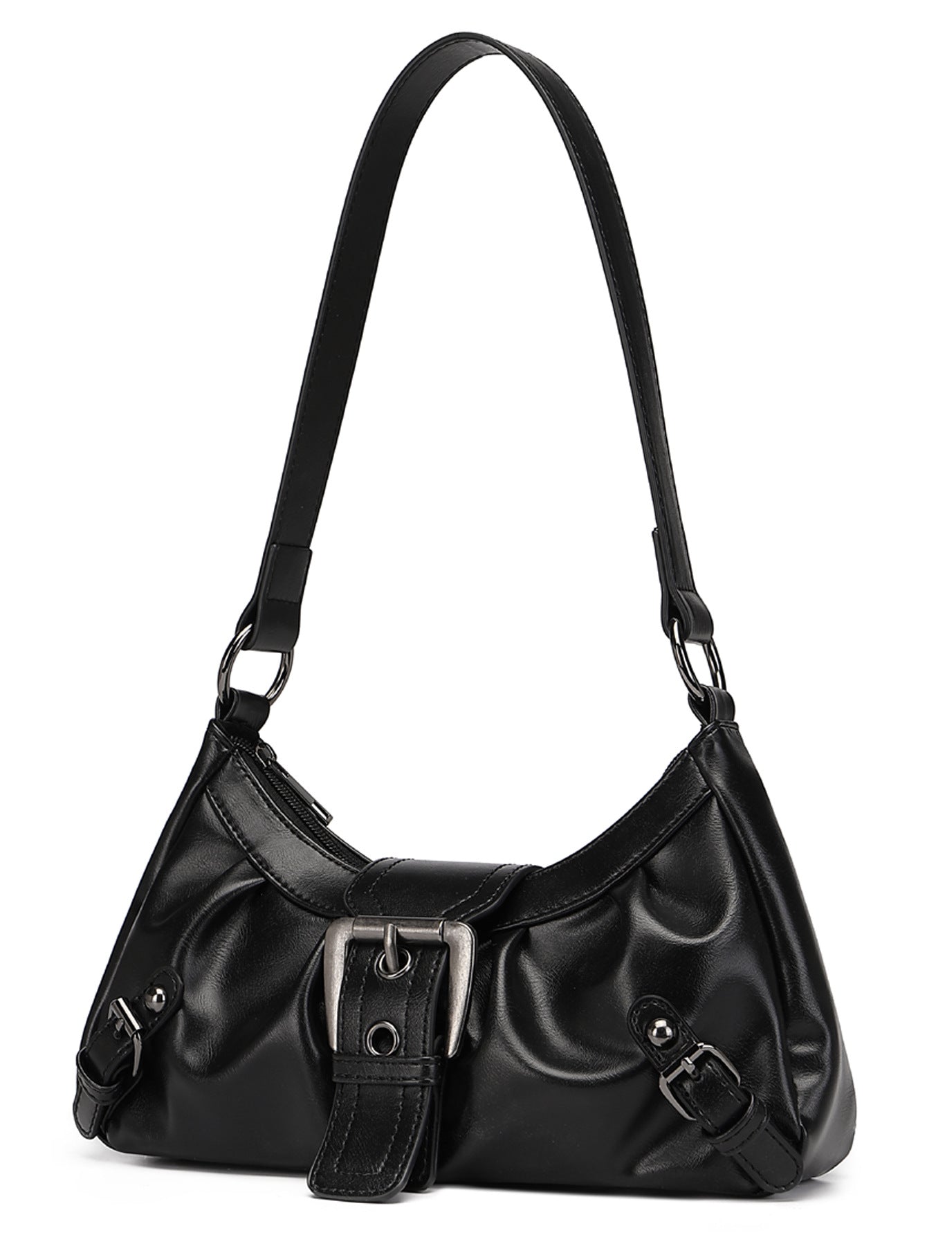 Black Leather Ruched Shoulder Bag with Buckle - Y2K Style Gathered Hobo Bag | Vintage Inspired Slouchy Handbag