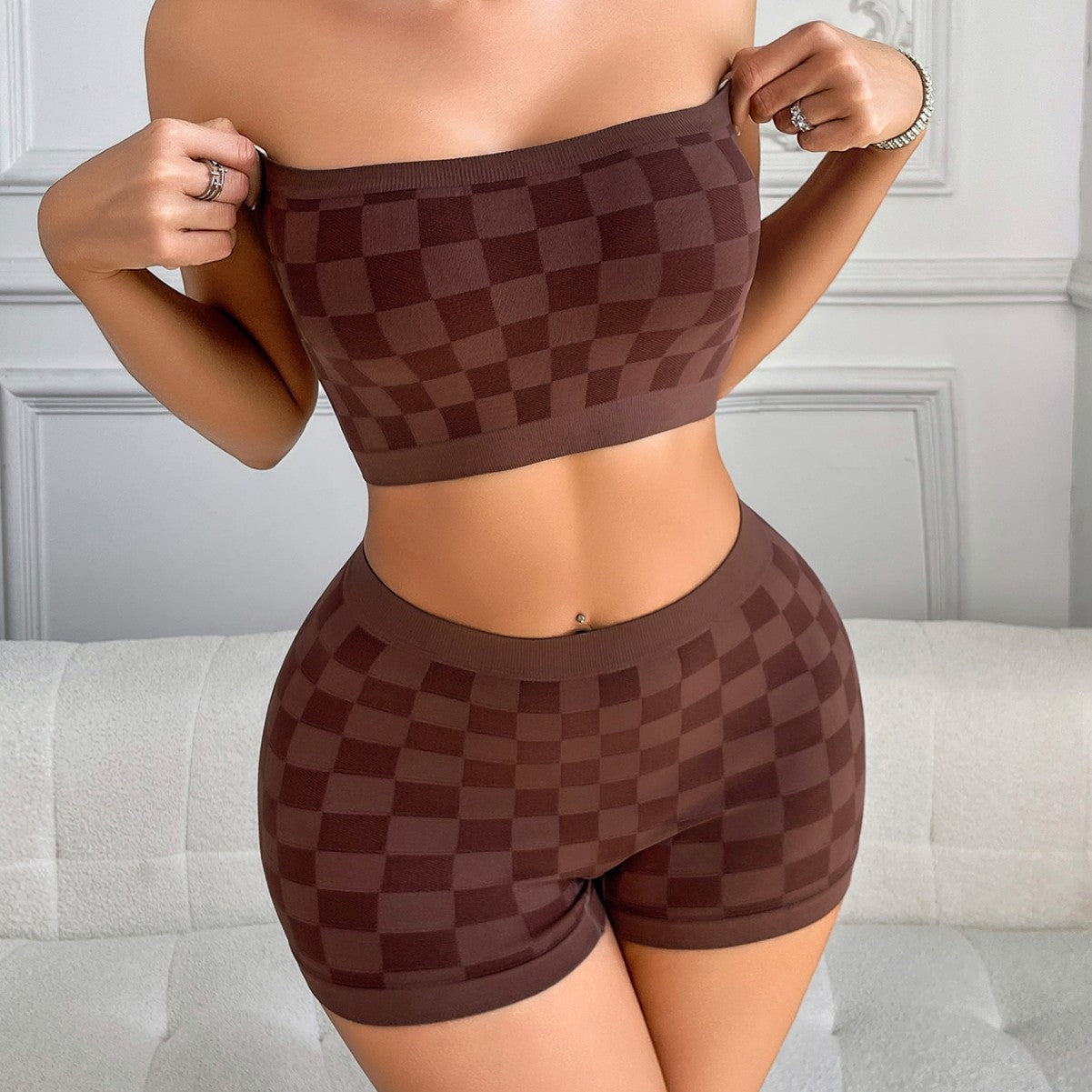 Burgundy Checkered Seamless Tube Top & Shorts Set | Women's 2 Piece Bandeau Biker Short Outfit | Y2K Matching Co-ord Set