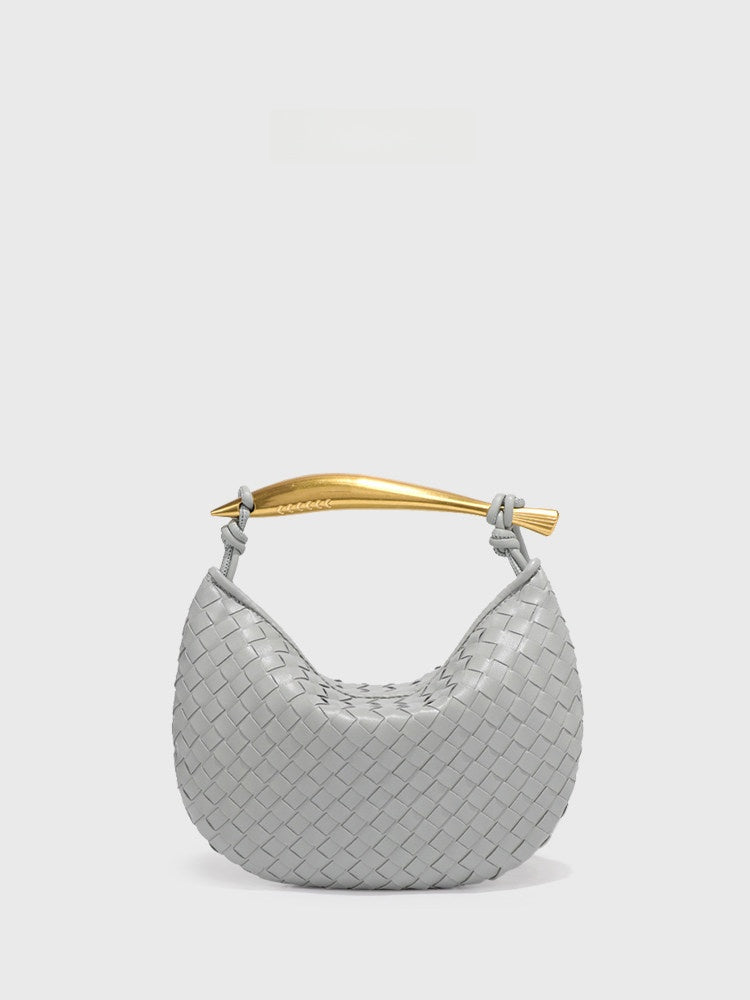 Burgundy Woven Leather Hobo Bag with Gold Handle | Intrecciato Crescent Shoulder Bag