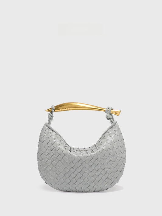 Burgundy Woven Leather Hobo Bag with Gold Handle | Intrecciato Crescent Shoulder Bag