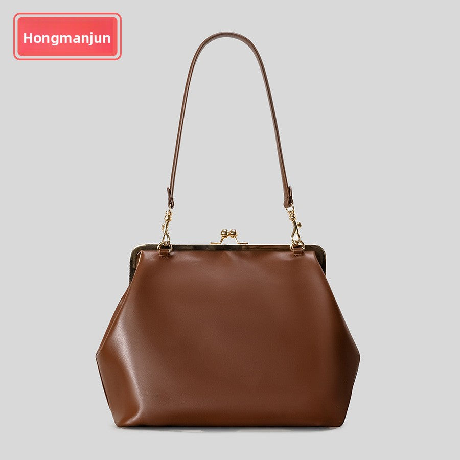 Oversized Black Kiss Lock Frame Bag | Gold Clasp Shoulder Bag for Women | Vintage Doctor Style Clutch Handbag