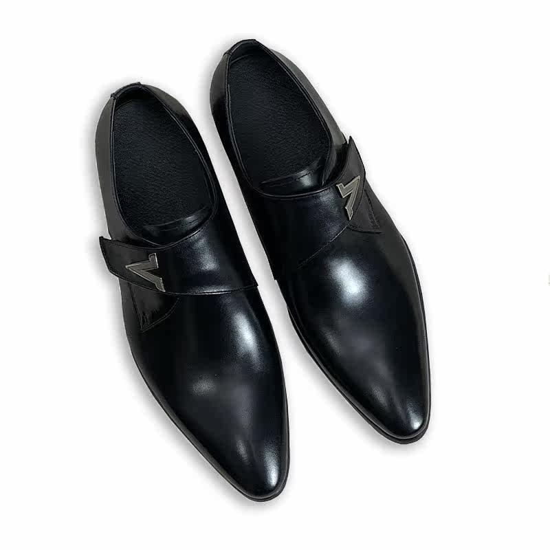 Men's Black Leather Single Monk Strap Dress Shoes | V-Logo Metal Buckle Formal Oxford