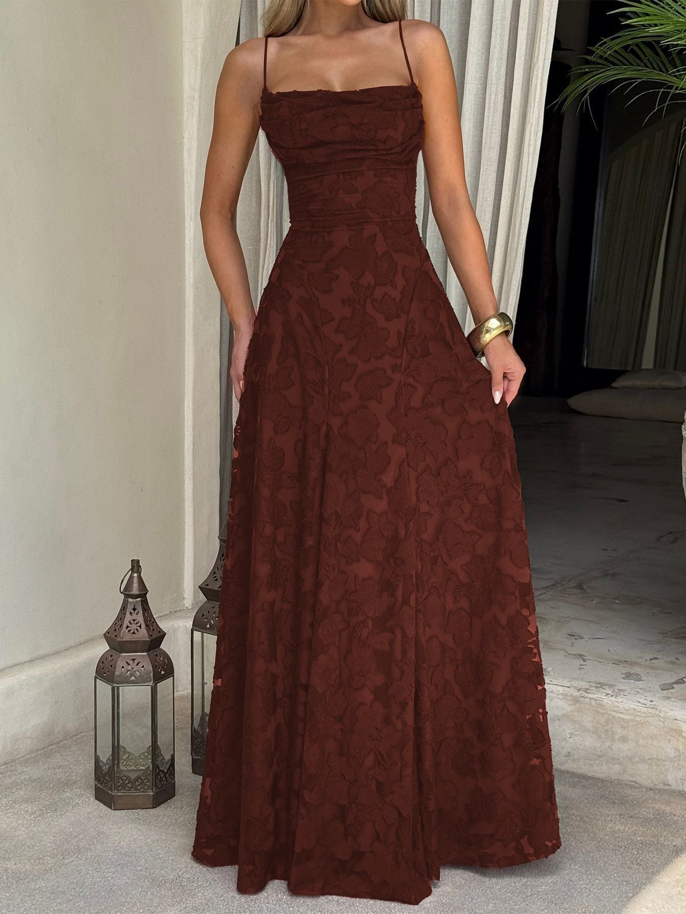 Burgundy Lace Floral Maxi Dress | Spaghetti Strap A-Line Formal Evening Gown