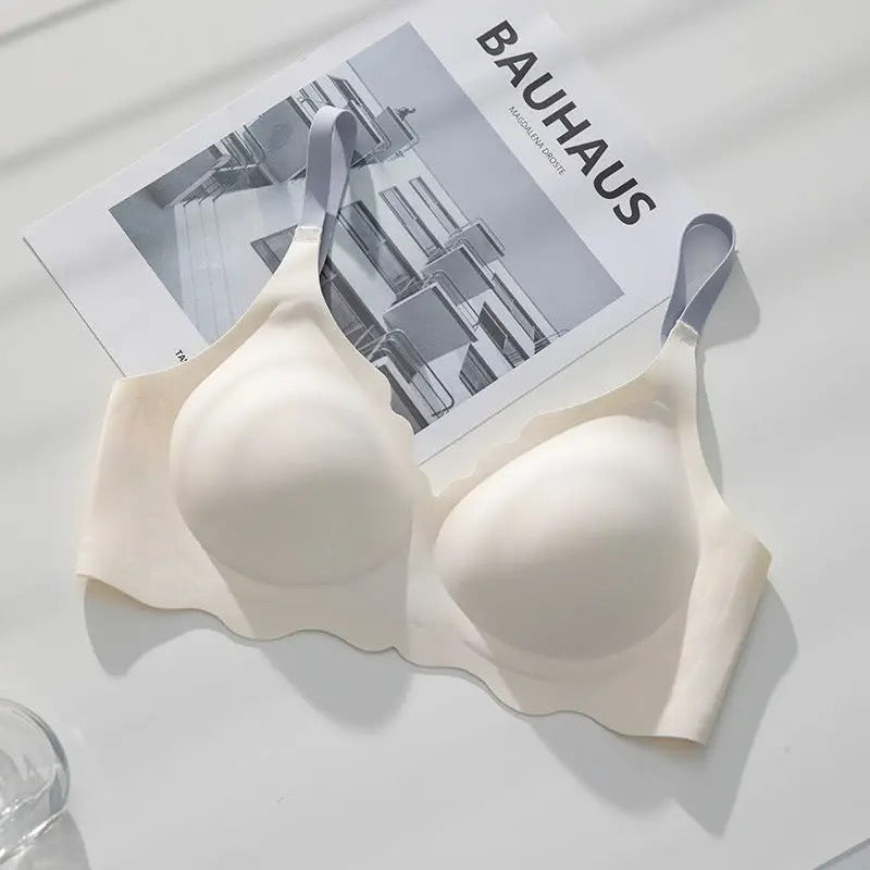 Nahtloser Bügelloser BH für Damen | Glatter T-Shirt-BH | Elfenbeinfarben ohne Bügel | Verstellbare graue Träger