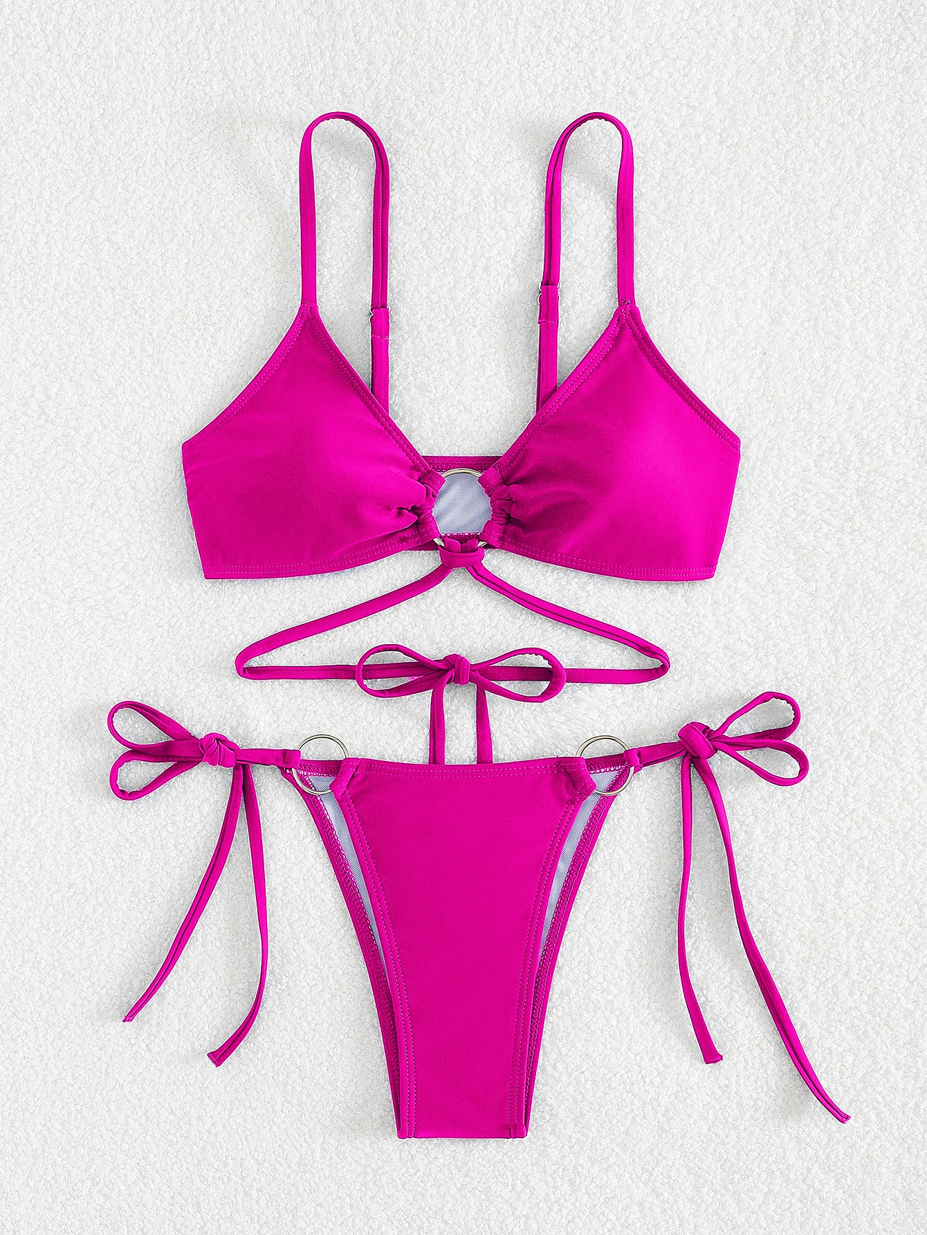 Set Bikini Con Anelli A O In Rosso Borgogna | Top Triangolo Con Anello Centrale E Slip Perizoma Con Anello Doppio E Laccetti | Costume Da Bagno Due Pezzi Sexy Con Spalline Per Donna
