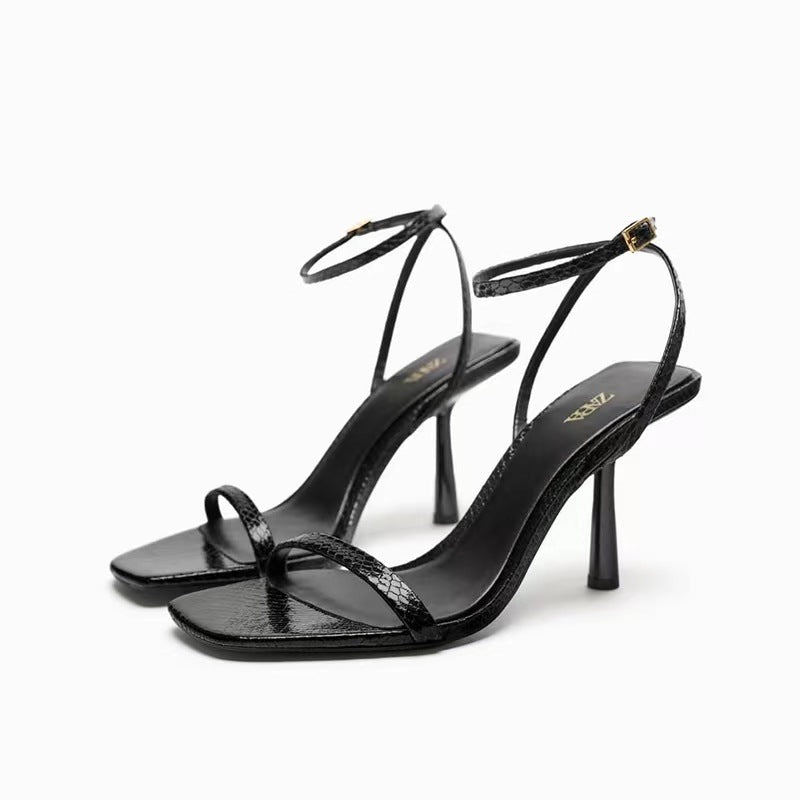 Black Snakeskin Texture Strappy Square Toe Stiletto Sandals | Women's Ankle Strap High Heel Shoe
