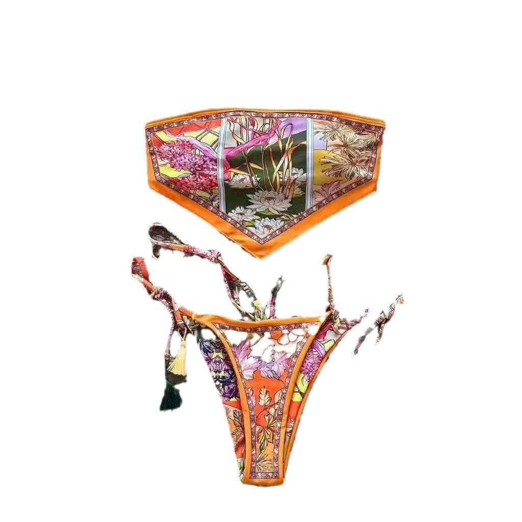 Costume intero con stampa botanica, monokini con scollo quadrato e laccetti laterali, costume da bagno femminile di lusso con pannelli floreali, costume da bagno boho da resort, costume da bagno arancione rosa tropicale per le vacanze