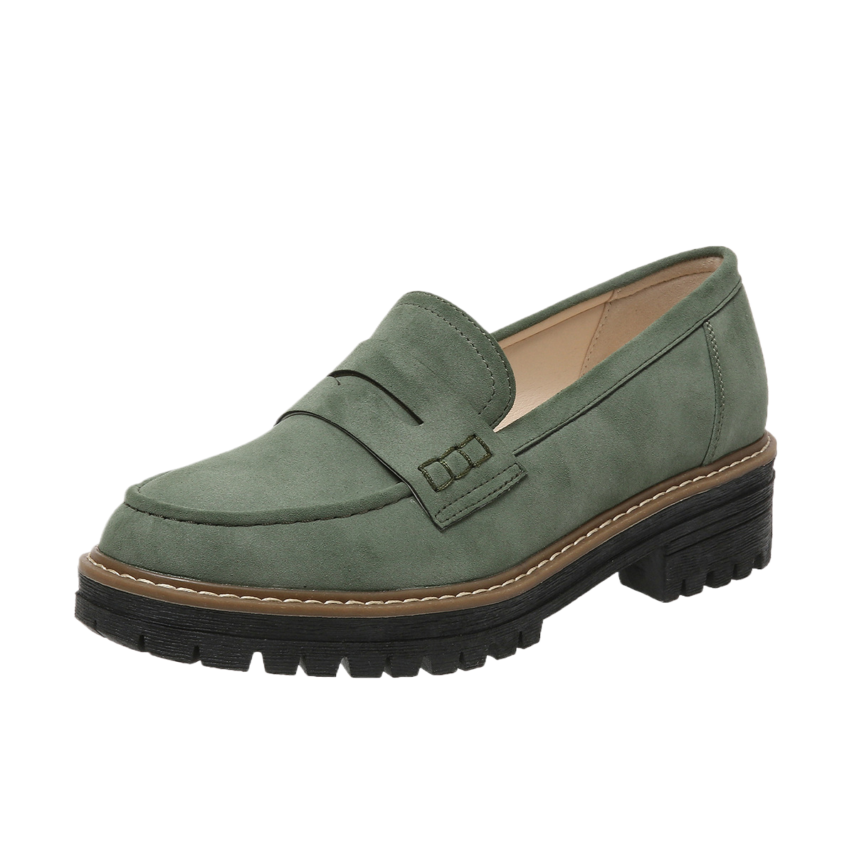 Black Suede Lug Sole Penny Loafers for Women | Chunky Platform Slip-On Loafers | Tan Welt Stitch Detail Loafers | Casual Smart Street Style Shoes
