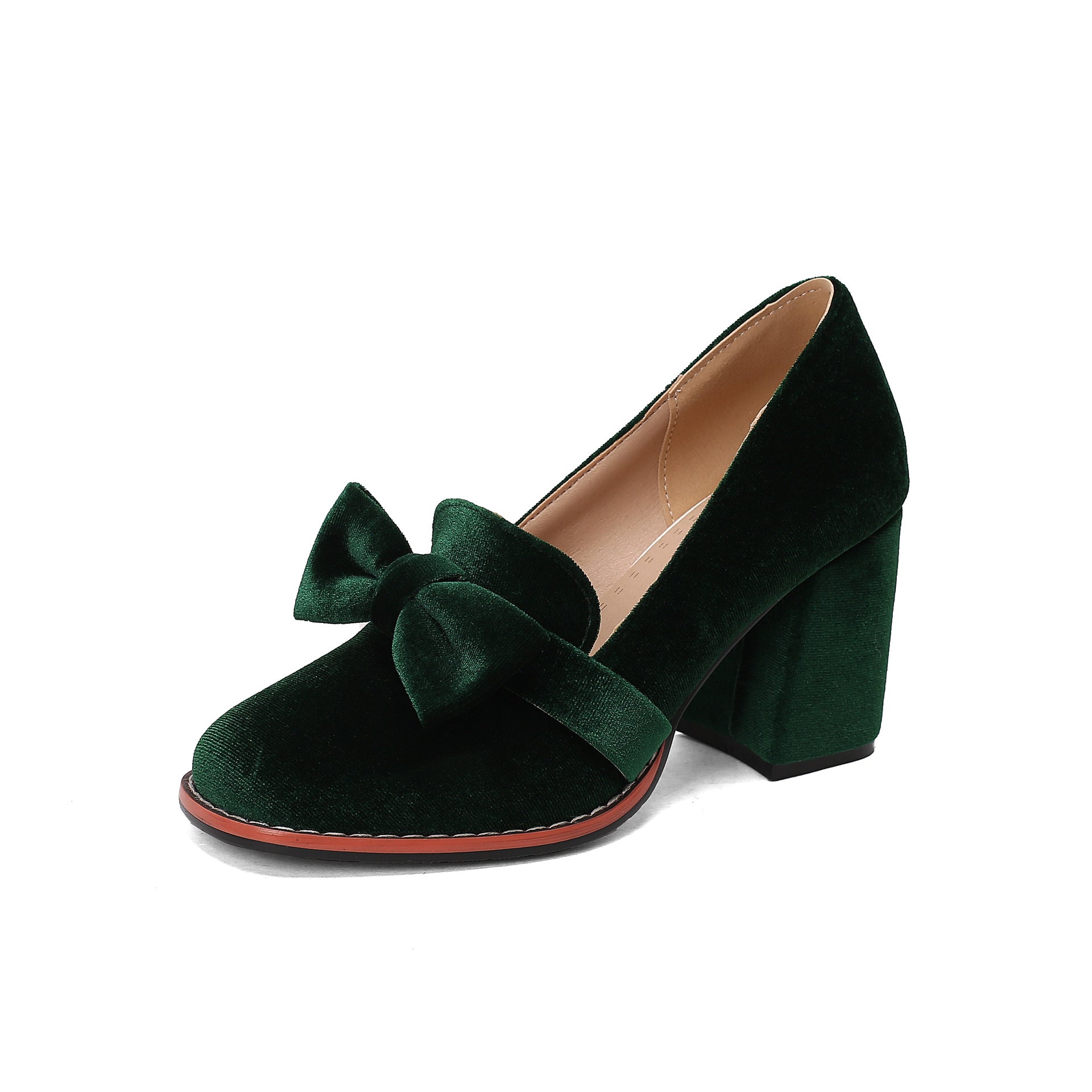 Magenta Velvet Bow Loafer Block Heel Pumps | Women's Round Toe Slip-On Chunky Heel Shoes | Luxury Velvet Party Heels