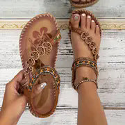 Women's Tan Boho Beaded Thong Sandals ? Ethnic Floral Rhinestone Elastic Ankle Strap Flat Summer Shoes