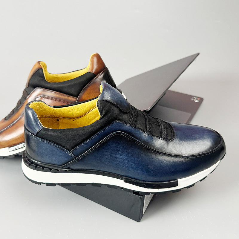 Men's Luxury Leather Slip-On Sneakers | Cognac Patina Casual Shoes with Elastic Band & Suede Detail | Premium Handcrafted Loafer Sneakers