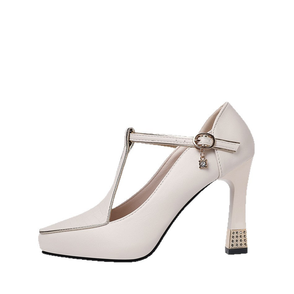 Black Crocodile Embossed T-Bar Pointed Toe Pumps with White Piping, Gold Crystal Charm & Rhinestone Block Heel | Luxury Women's Heels