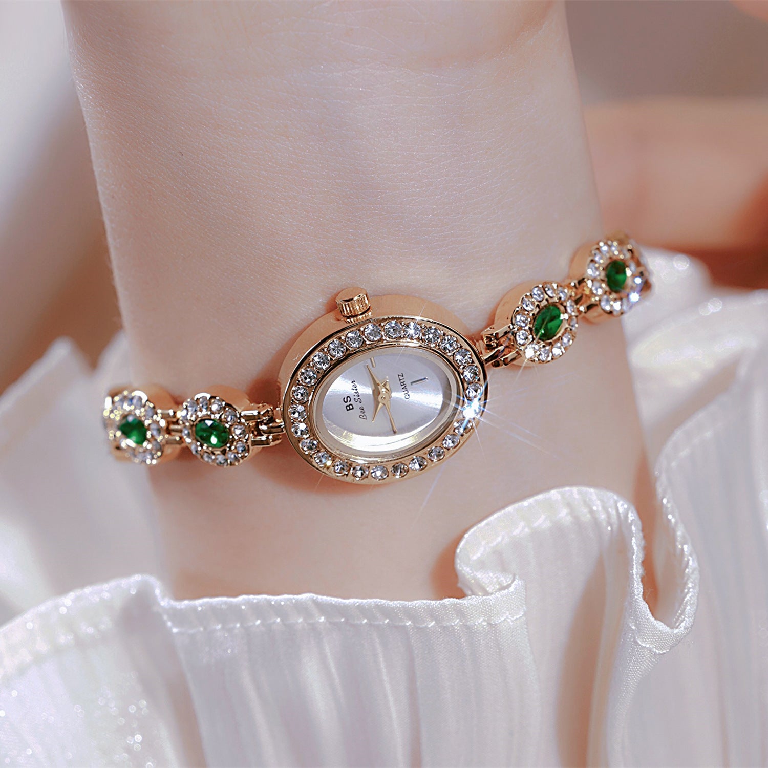 BS Bee Sister Women's Gold Crystal Bracelet Watch | Oval Diamond-Set Luxury Quartz Watch for Ladies