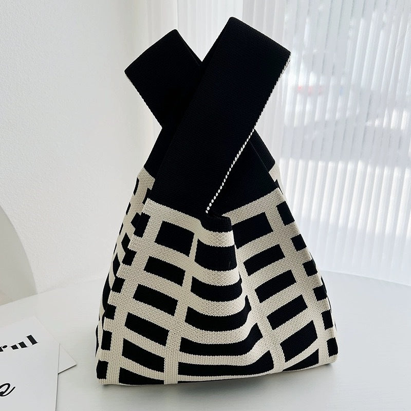 Black & White Geometric Knit Tote Bag | Aztec Pattern Wrist Handle Handbag | Boho Crochet Style Women's Bag
