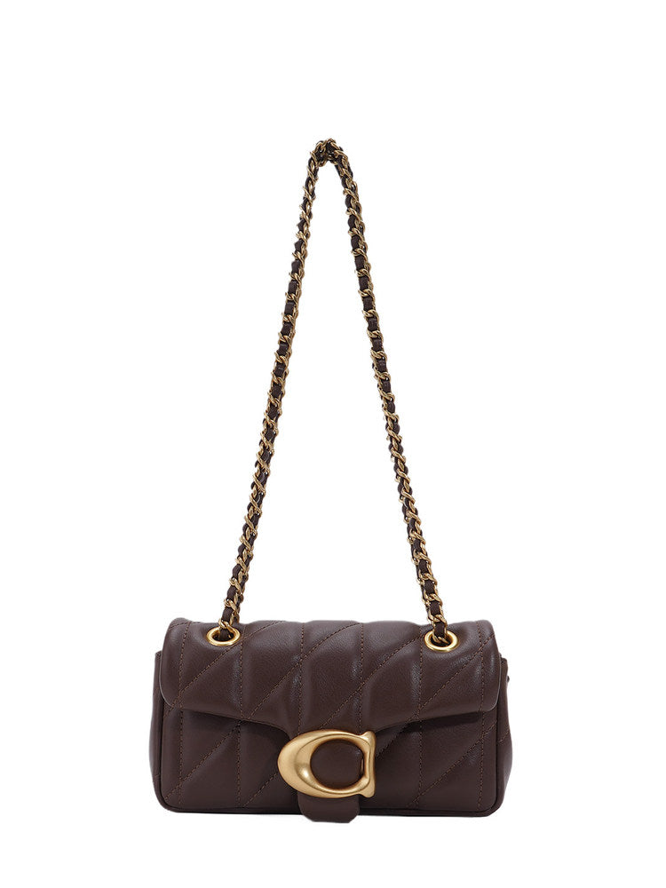 Brown Quilted Leather Shoulder Bag - Designer Inspired Flap Bag with Chain Strap | C Clasp Crossbody with Gold Hardware