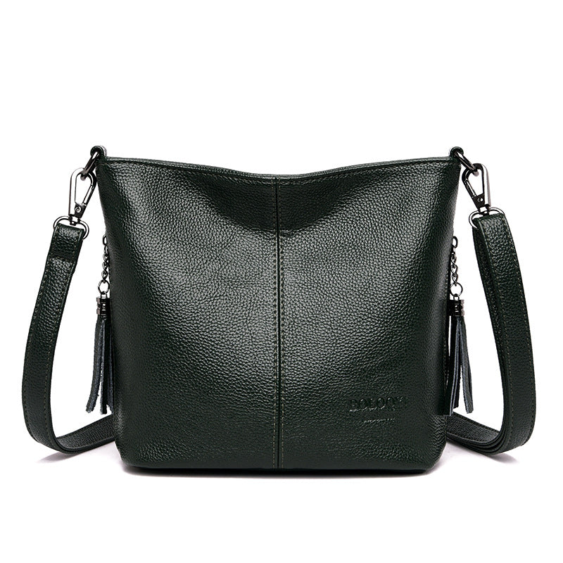 Black Pebbled Leather Crossbody Bag with Tassel | Hobo Shoulder Bag