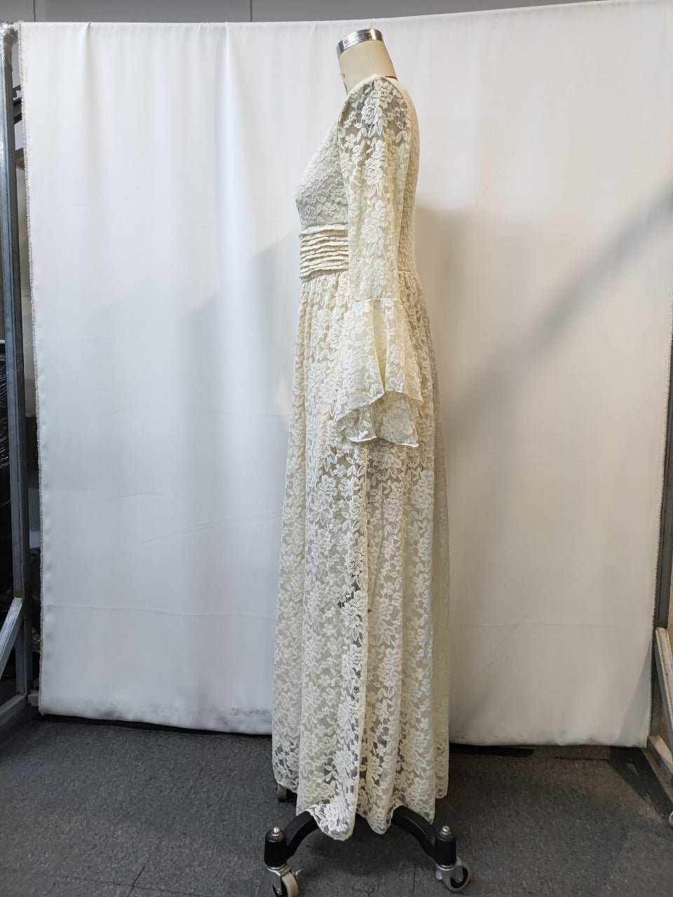 Boho Lace Bell Sleeve Maxi Dress | Cream Floral Crochet V-Neck Tiered Floor Length Dress | Bohemian Wedding Festival Dress for Women