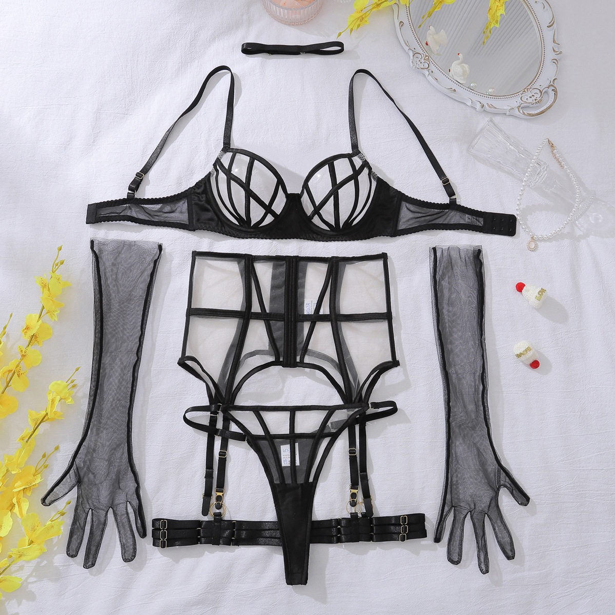 Women's Black Cage Harness Lingerie Set | 4-Piece Underwire Bra, Garter Belt, Thong & Choker | Strappy Cutout Bondage Lingerie with Gold Hardware