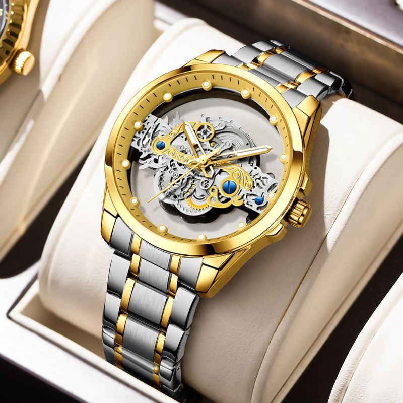 Skelettierte mechanische Herrenuhr mit Automatikwerk | Hohlprofil-Tourbillon, Goldzahnrad, Edelstahl | Luxuriöse Uhr mit blauen Akzenten 