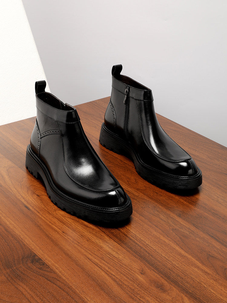 Men's Black Glossy Leather Platform Chelsea Ankle Boots | Luxury Zip-Up Thick Sole Dress Boots for Men